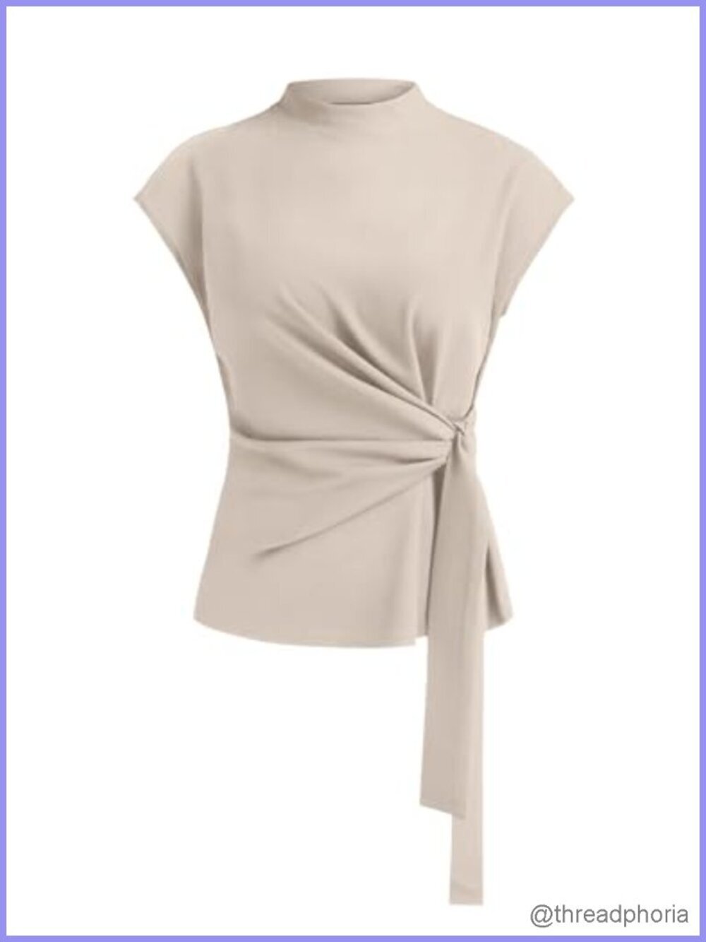 Cap Sleeve Tie Waist Mock Neck Blouse Office Work Tops Back Zipper